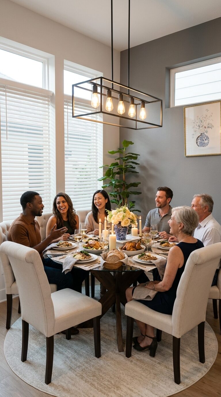 A church community gathered around the table for a meal at Milby Manor