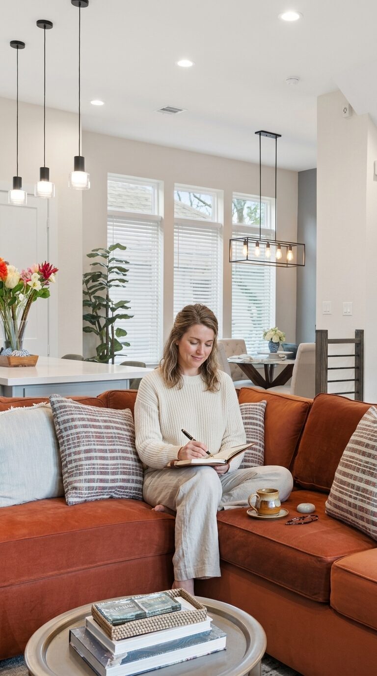 A guest journaling quietly on the sectional, coffee in hand
